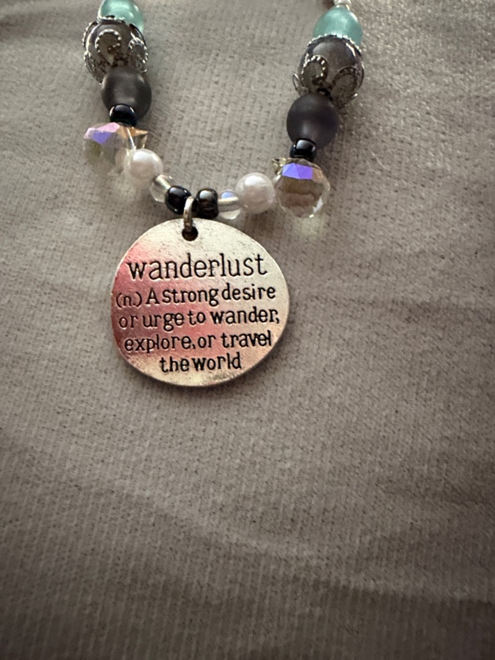Wanderlust Silver Pendant Beaded Necklace - Mint & Pearl Accents